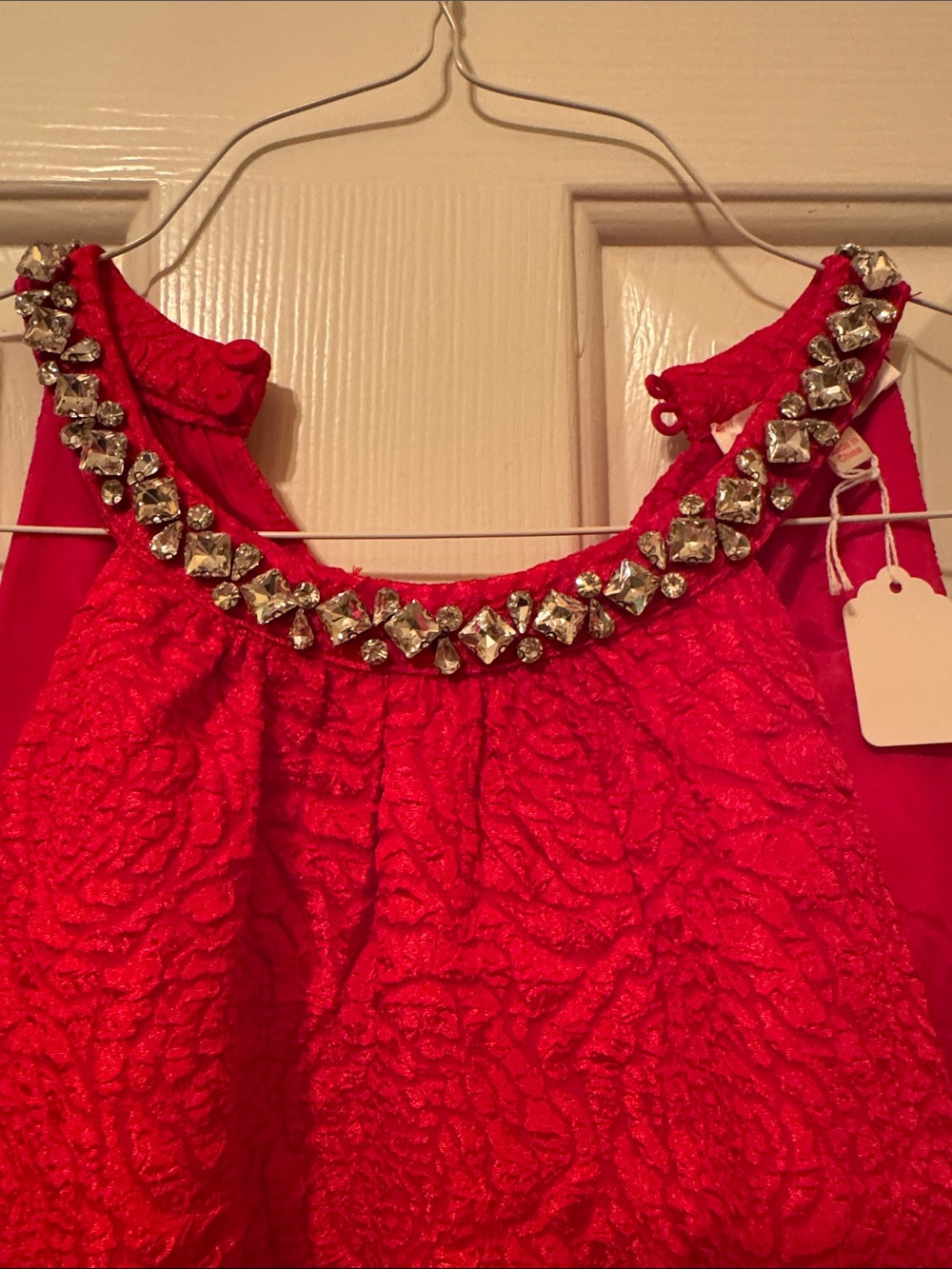 Embellished Neck Red Textured Ruffle Dress - Picture 2 of 6